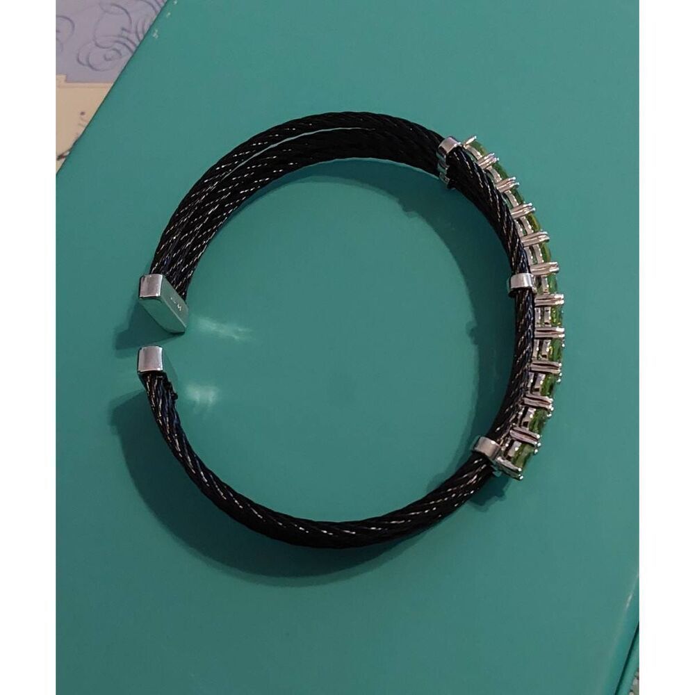 5 Carat Artisan Round Cut Genuine Lime Peridot Black Cable Rope Cuff Bracelert - Picture 3 of 6